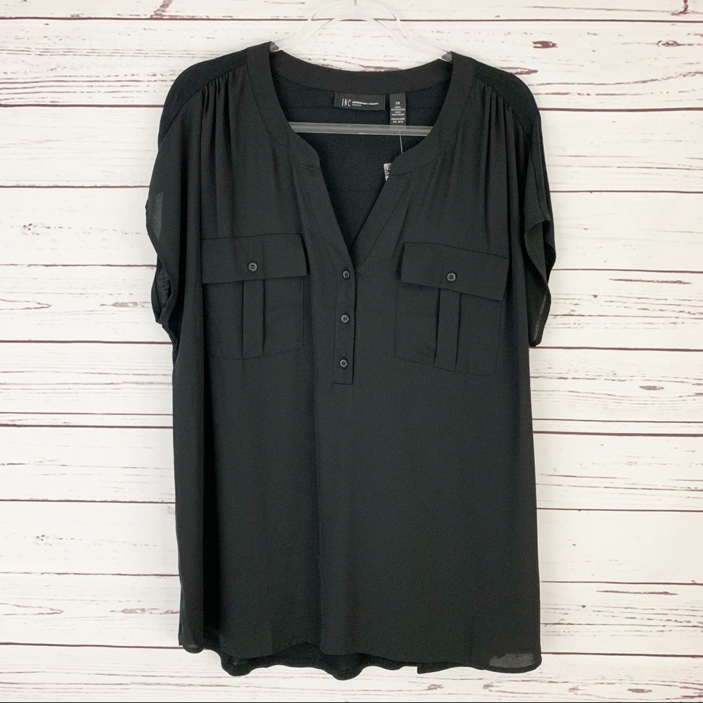INC Woven-Front V Neck Plus Size Top Black 2X